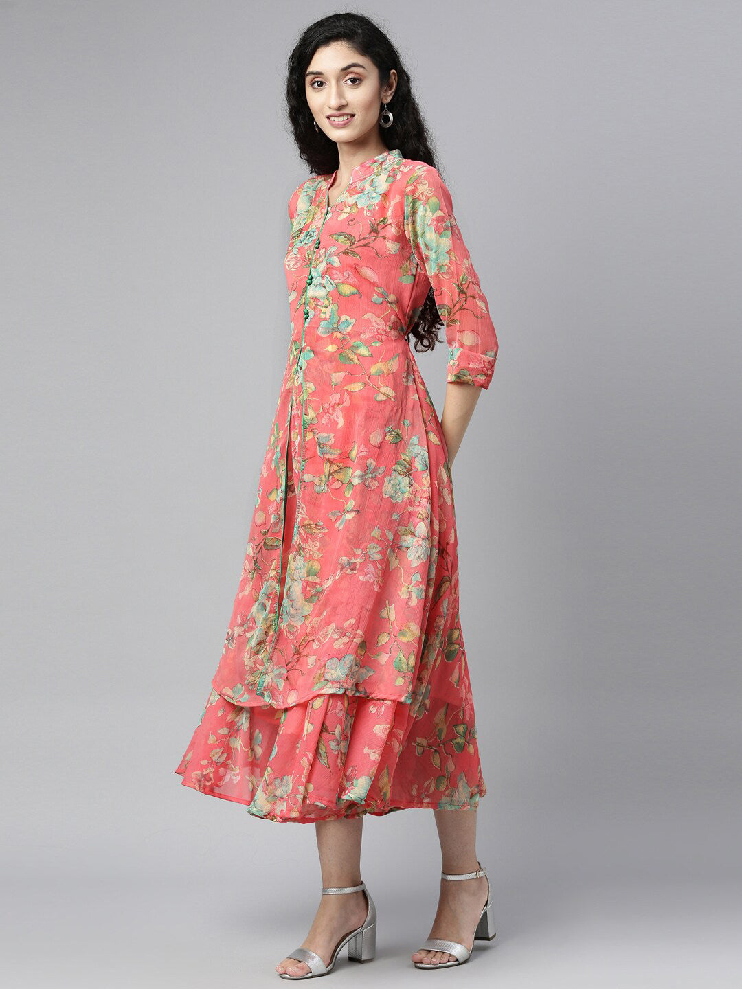 Souchii Women Pink & Green Floral Layered A-Line Midi Dress - Distacart
