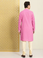 House of Pataudi Men Pure Cotton Self Striped Embroidered Thread Work Jashn Kurta