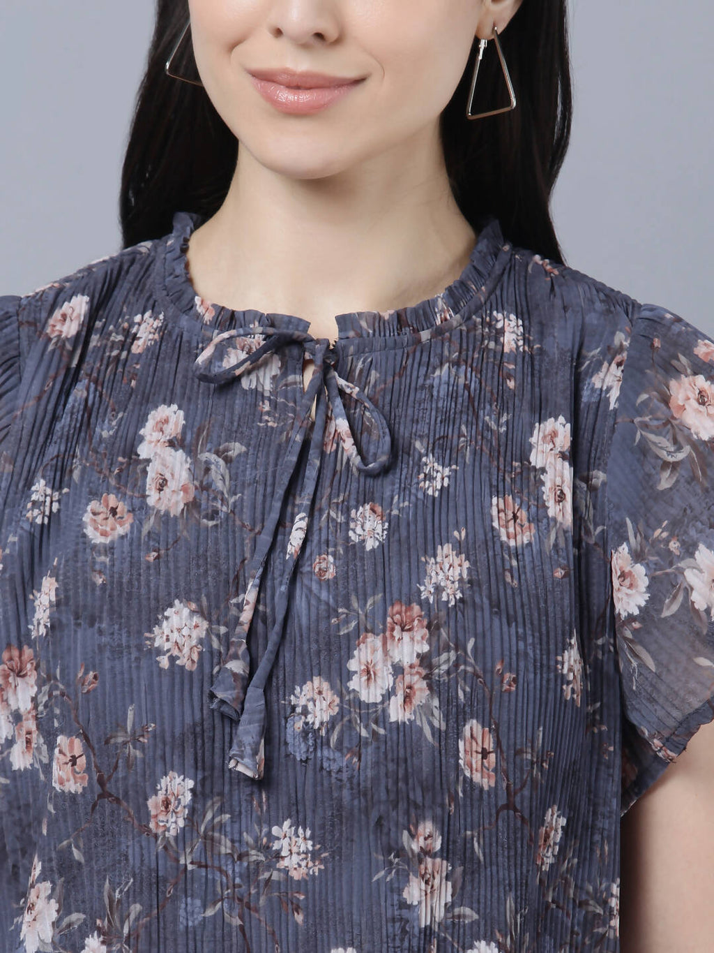 Myshka Women Charcoal Grey Peach-Coloured Floral Print Tie-Up Neck Georgette Top - Distacart