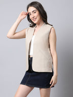 Even Apparels Cream Linen Cotton Open Front Women's Waistcoat