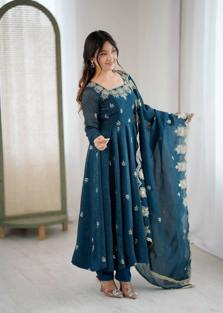 Teeya Creation Morepeach Color Crunchy Silk Embroidery Work Wedding Wear Gown - Distacart