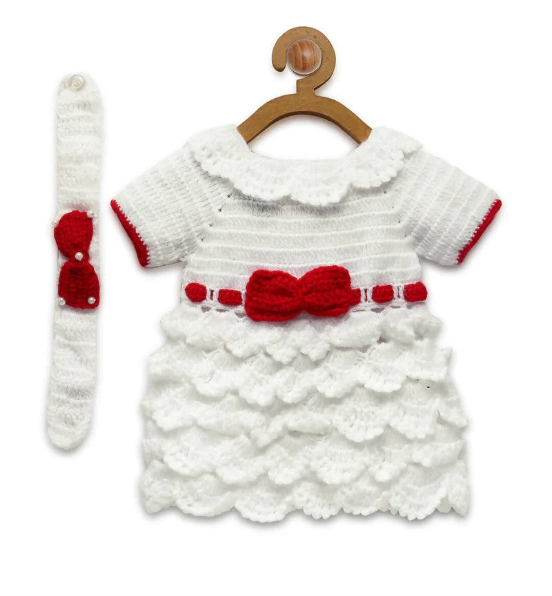 ChutPut Hand knitted Cinderella Wool Dress with Head band For Baby Girls  - White