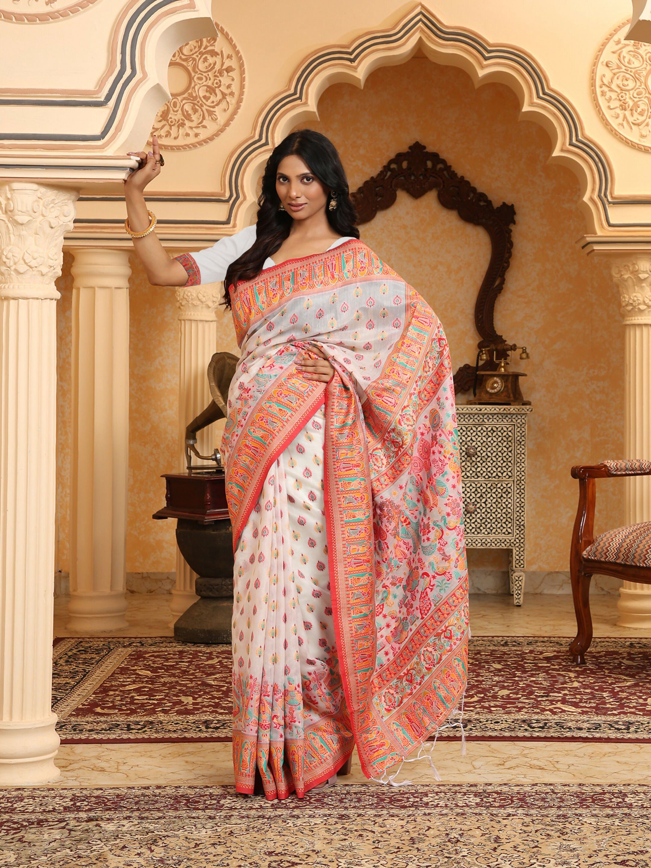 Shree Shyam Fashion Linen Cotton(Woven Work) Multicolour Saree - Distacart