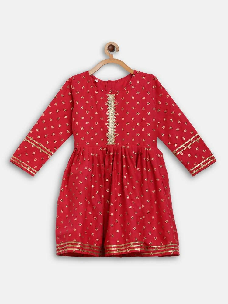 Ahalyaa Red Crepe Gold Printed Kids Kurta Sharara Set For Girls
