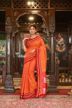 Very Much Indian Handloom Cotton Viscose Ilkal Saree Bright Orange With Red Border - Distacart