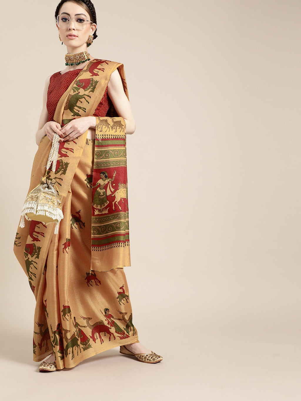 Saree Mall Saree Mall Creamy Mustard and Red Art Silk Saree