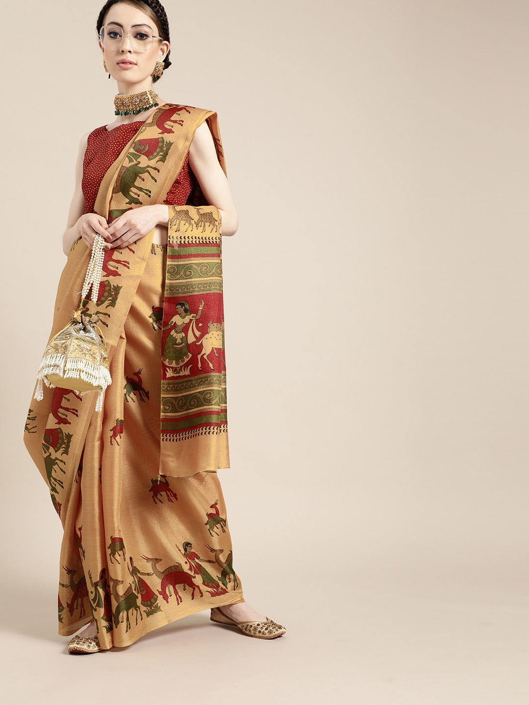 Saree Mall Saree Mall Creamy Mustard and Red Art Silk Saree
