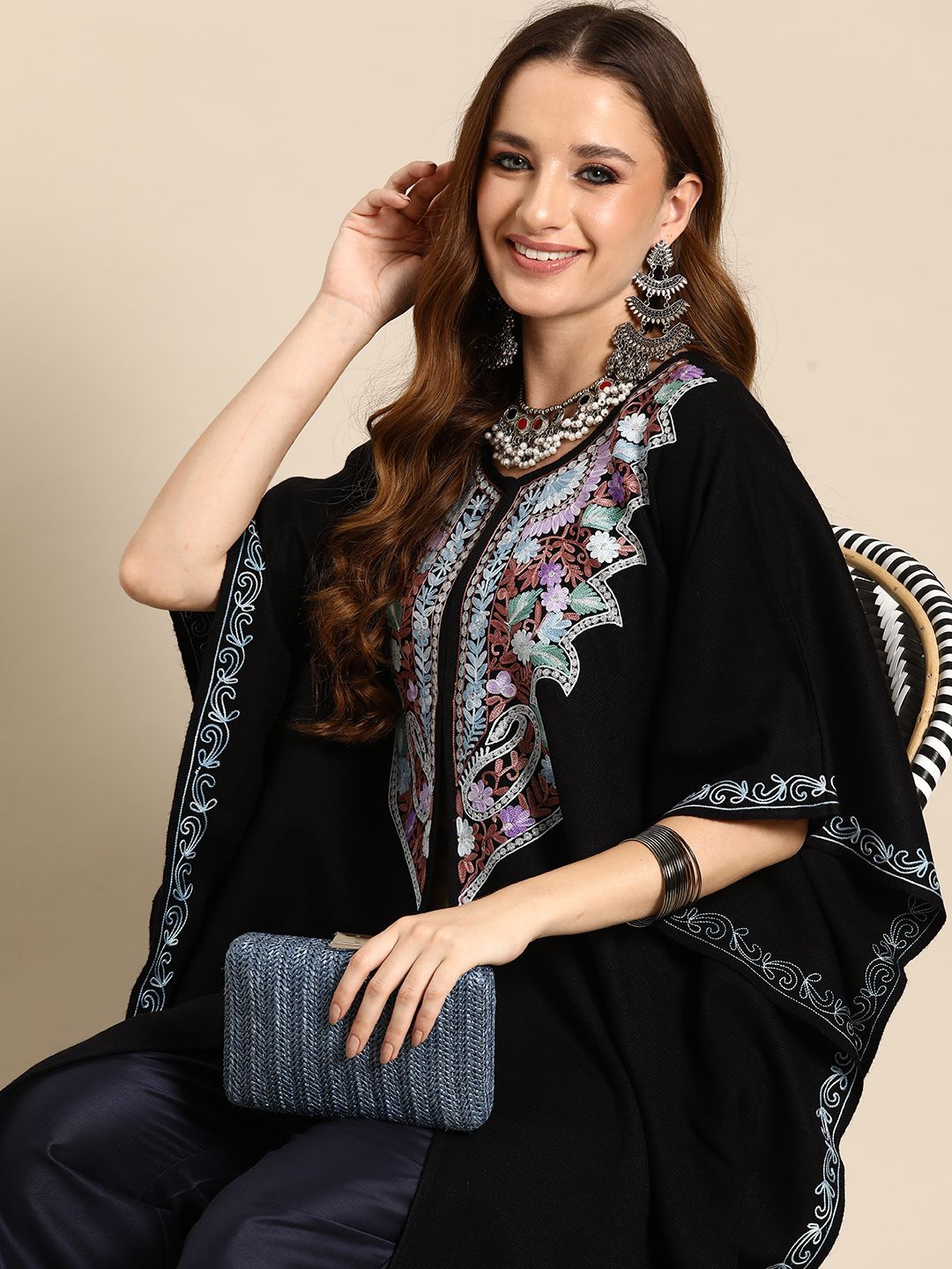Sangria Women Floral Yoke Design Flared Sleeves Jacquard Kaftan Kurta