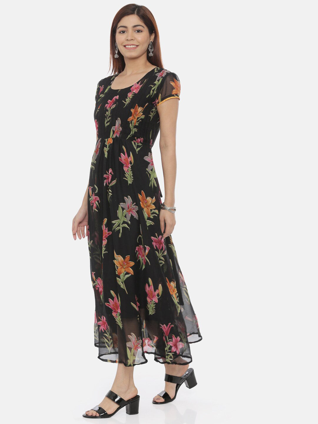 Souchii Round Neck Floral Printed Chiffon Maxi Dress - Distacart