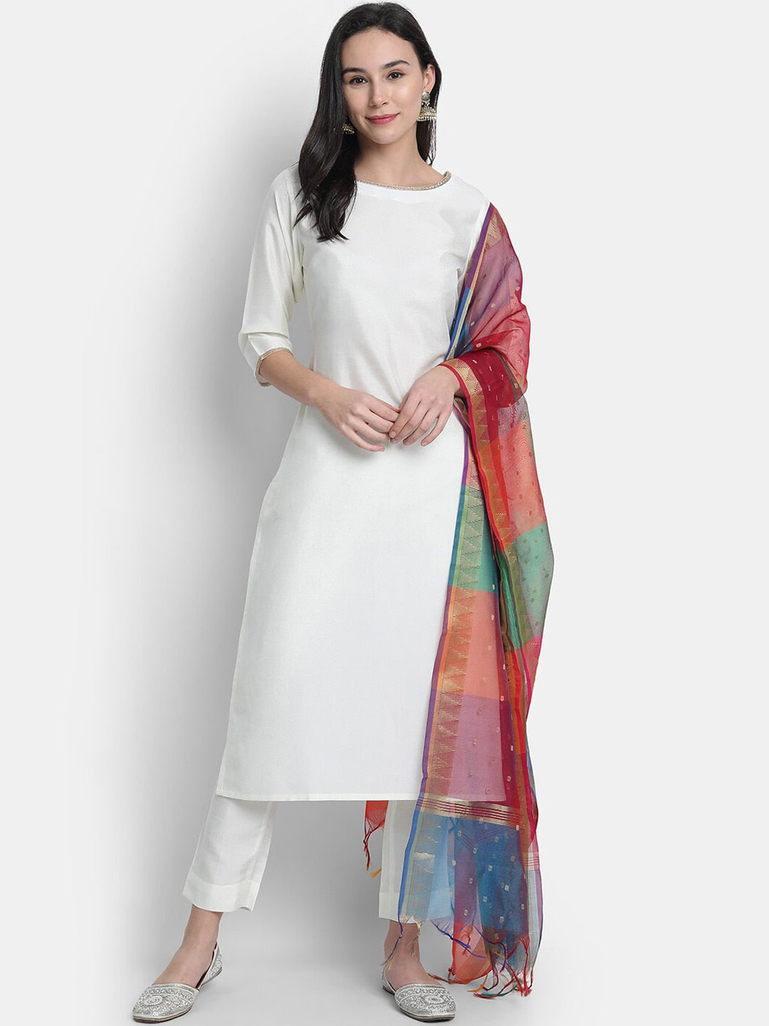 Janasya White Solid Kurta with Trousers & Dupatta - Distacart