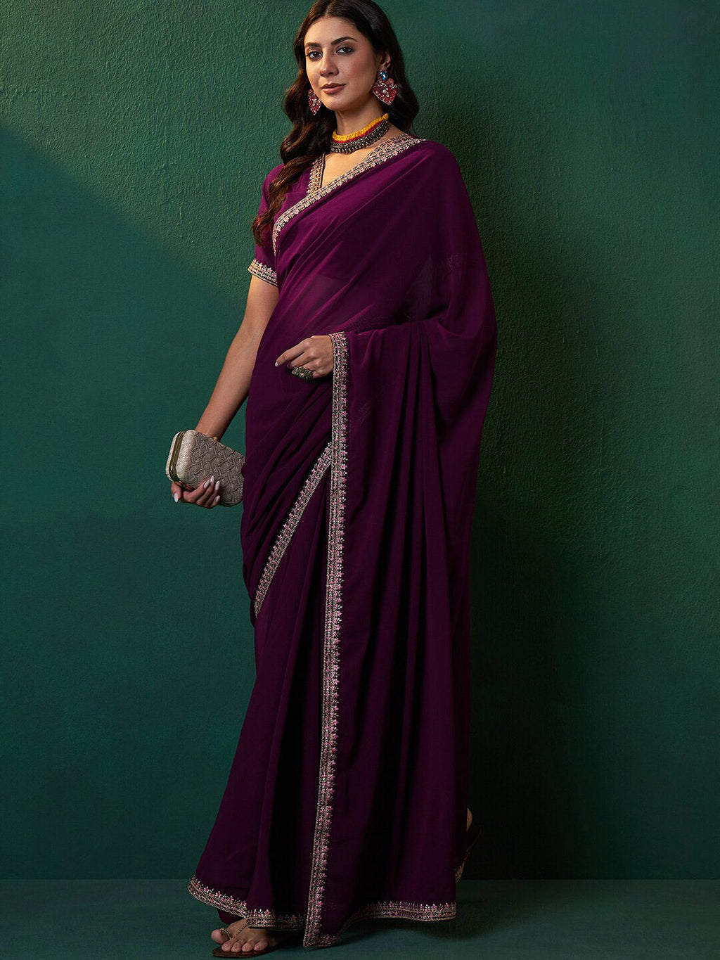 Sangria Embroidered Bordered Sarees - Distacart