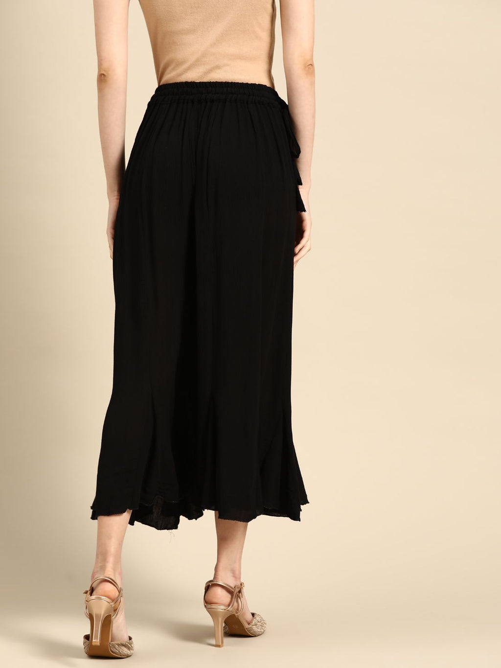 TAG 7 Women Black Solid Flared Cropped Palazzos