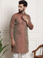 Sojanya Men Maroon & Golden Ethnic Motifs Jacquard Silk Kurta