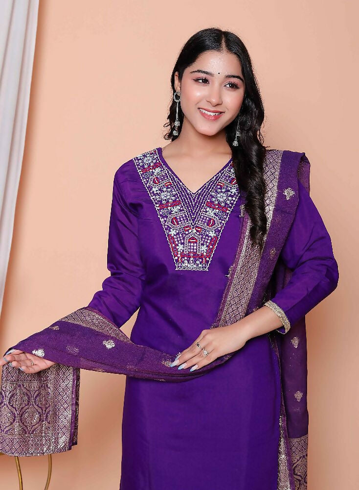 Miravan Womens Purple Muslin Straight Kurta And Palazzo With Dupatta Suit Set - Distacart