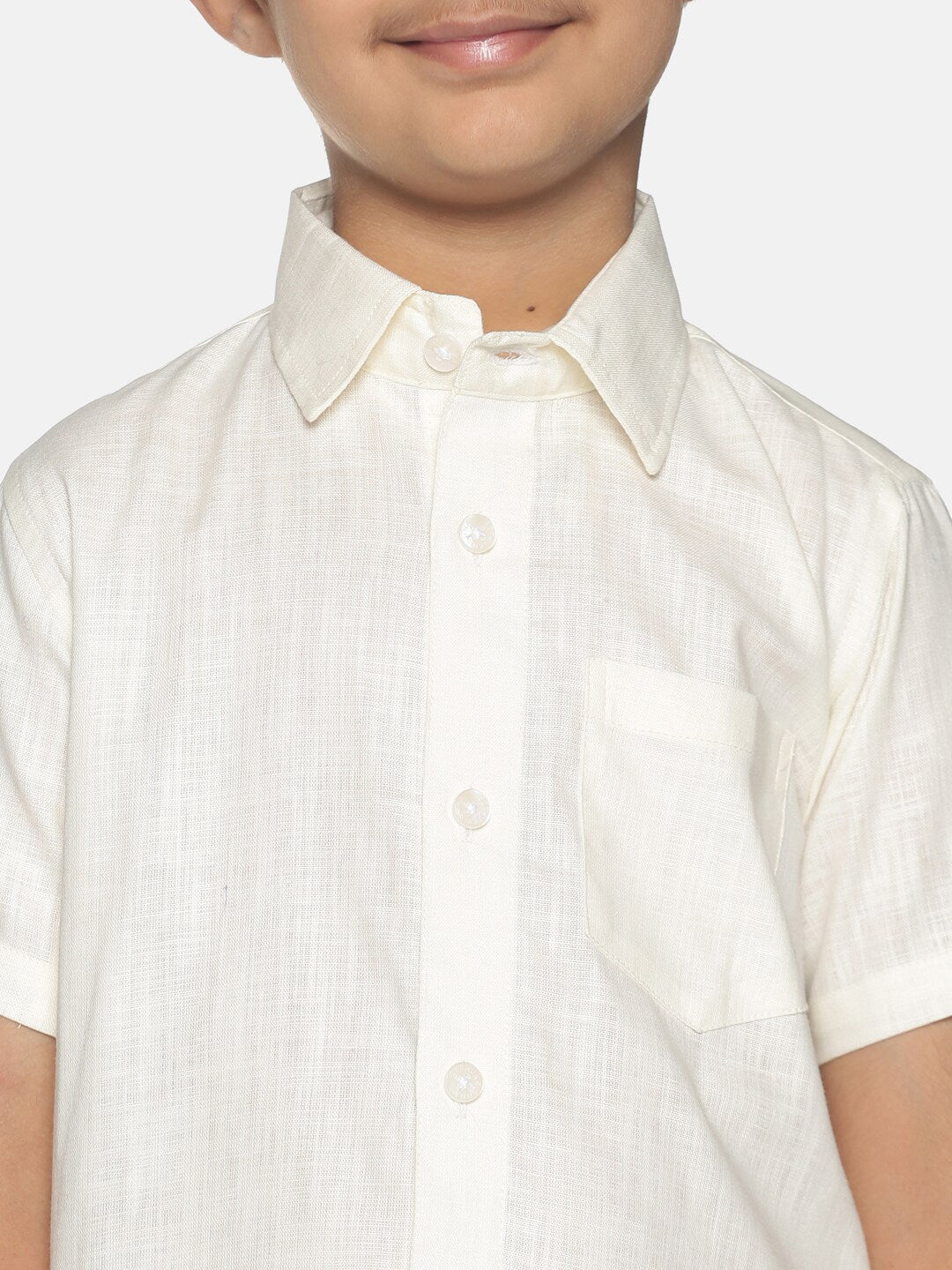 Sethukrishna Boys Cream-Coloured Solid Shirt with Veshti Set
