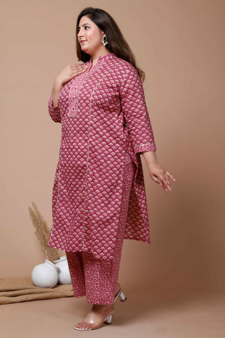 Miravan Women's Plus Size Pink Printed Gota Patti Cotton Kurta With Palazzo