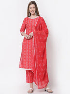 Myshka Red Color Cotton Printed Kurta With Pant Dupatta Set