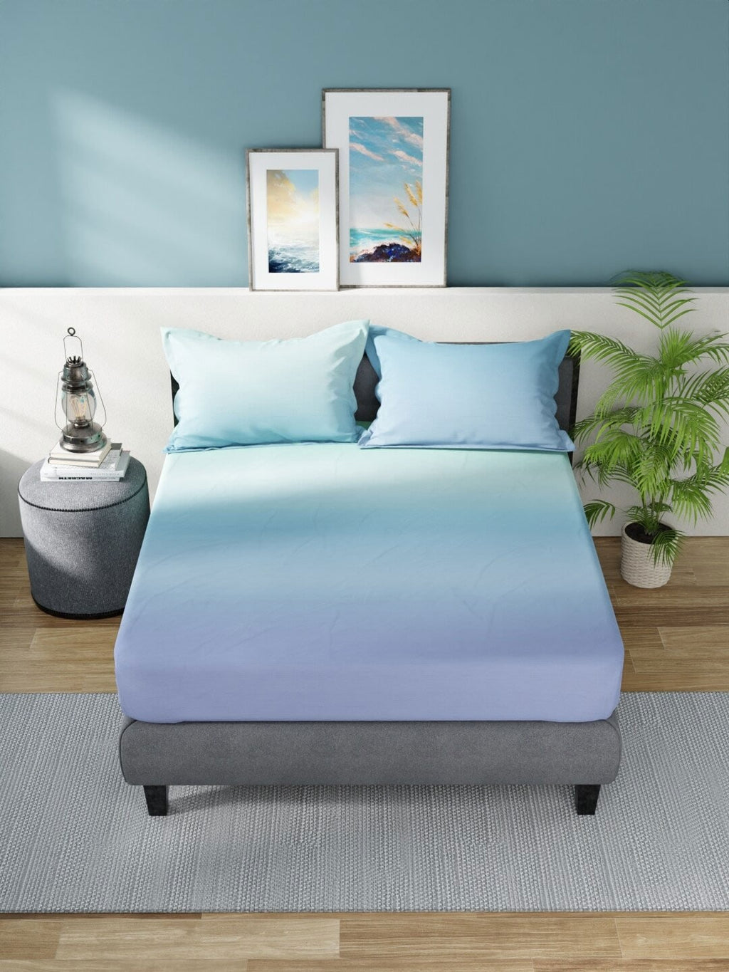 Nautica Bradford Green & Blue 160 TC Pure Cotton King Bedsheet & 2 Pillow Covers