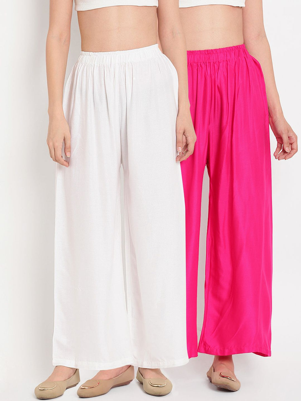 TAG 7 Women Pack Of 2 White & Pink Solid Flared Palazzos