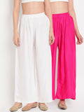 TAG 7 Women Pack Of 2 White & Pink Solid Flared Palazzos