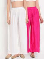 TAG 7 Women Pack Of 2 White & Pink Solid Flared Palazzos