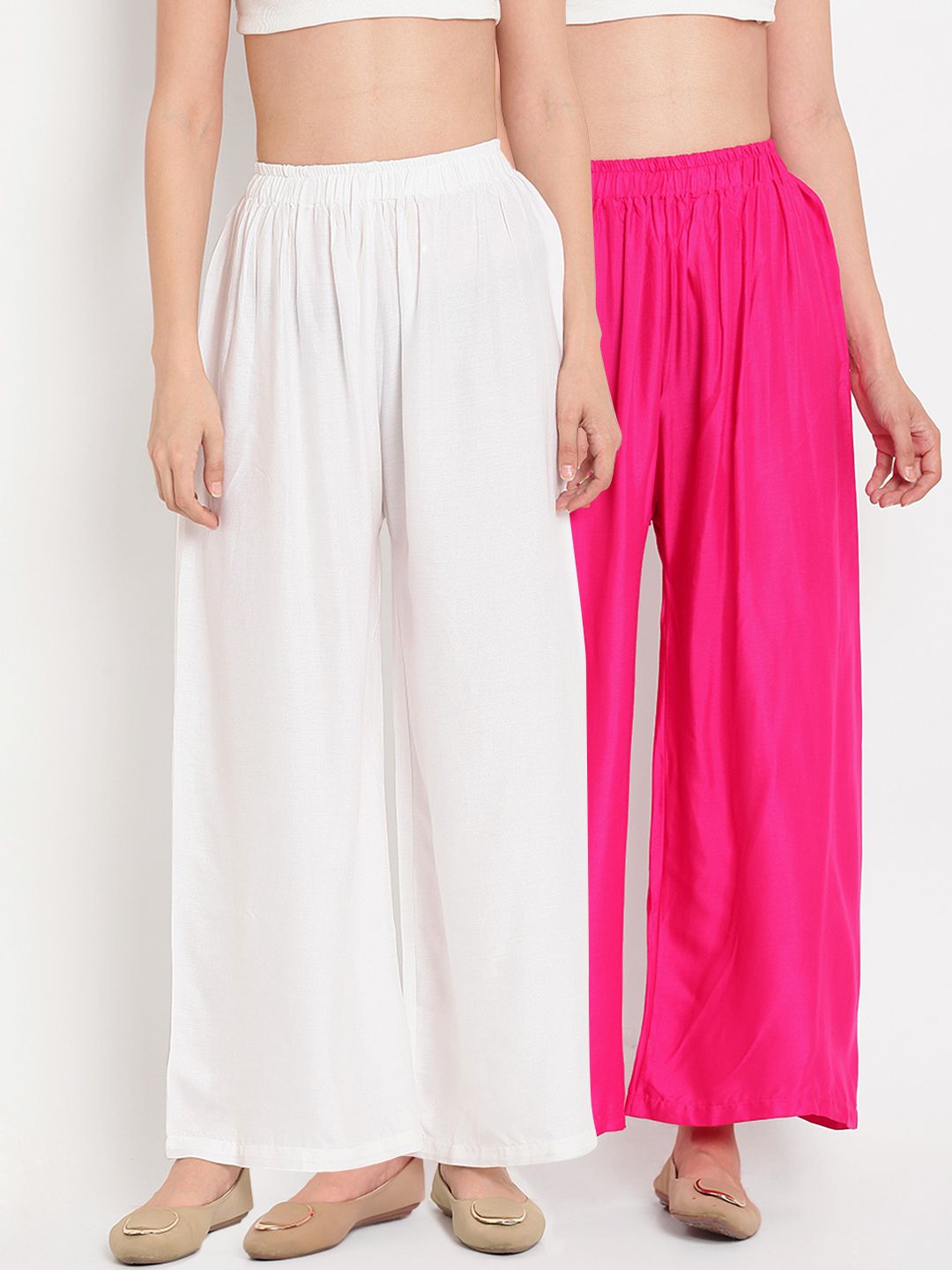 TAG 7 Women Pack Of 2 White & Pink Solid Flared Palazzos