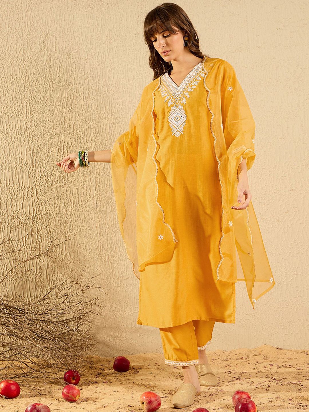 Indo Era Floral Yoke Design V-Neck Straight Kurta With Trousers & Dupatta - Distacart