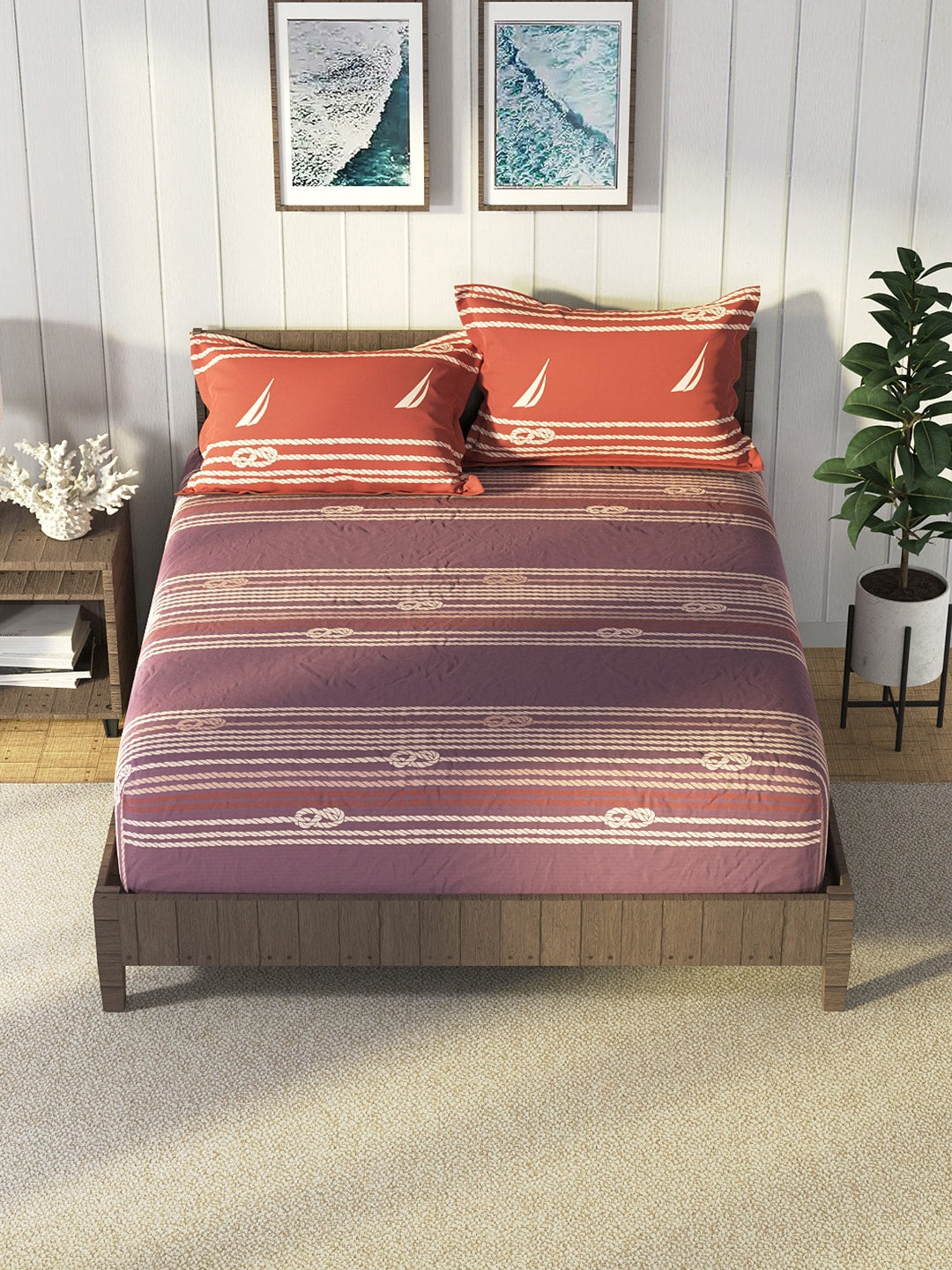 Nautica Purple & Orange Striped Cotton 160 TC King Bedsheet With 2 Pillow Covers