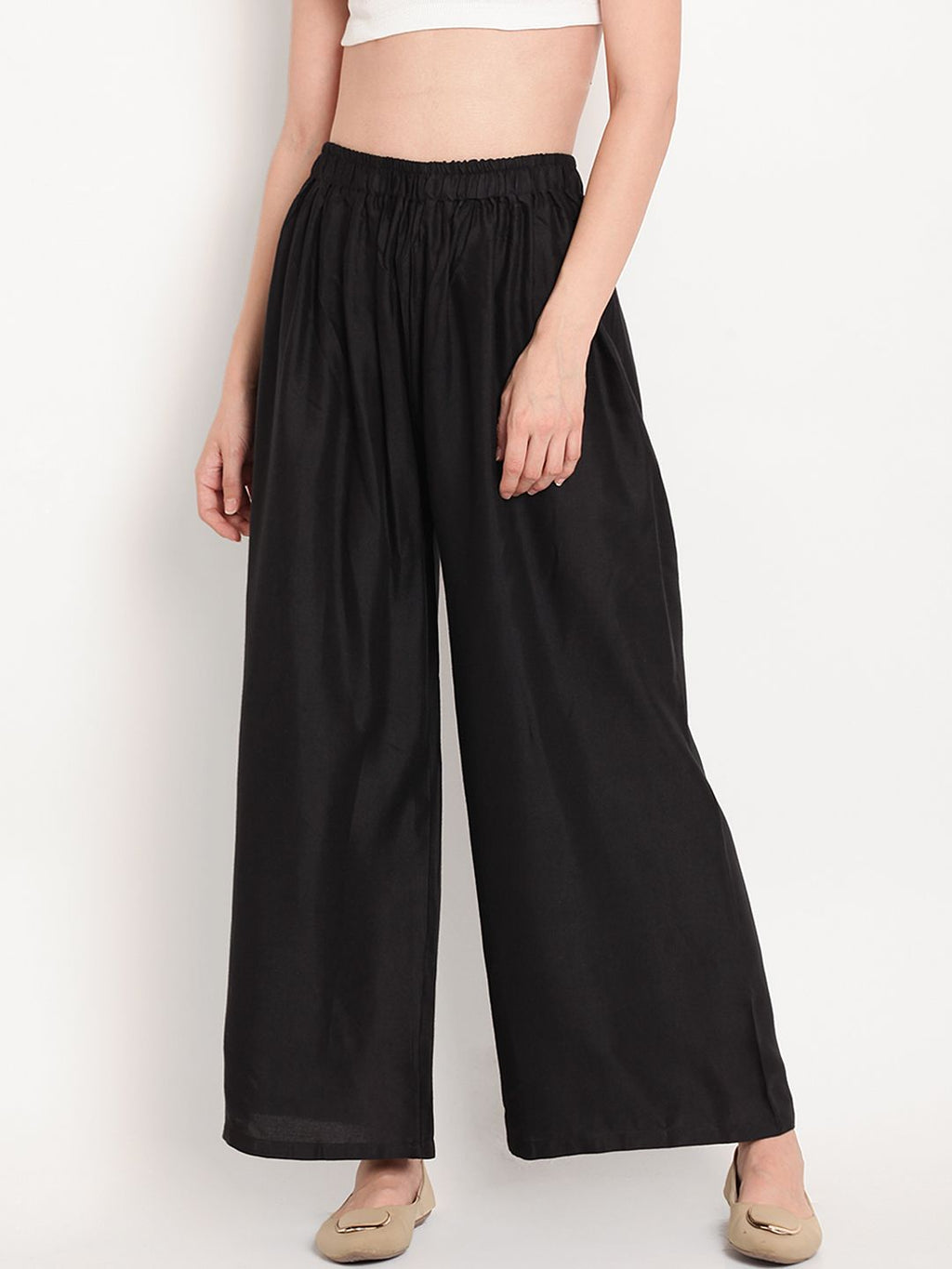 TAG 7 Women Pack Of 2 White & Black Solid Flared Palazzos