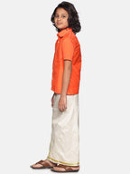 Sethukrishna Boys Orange & White Solid Shirt with Dhoti Set