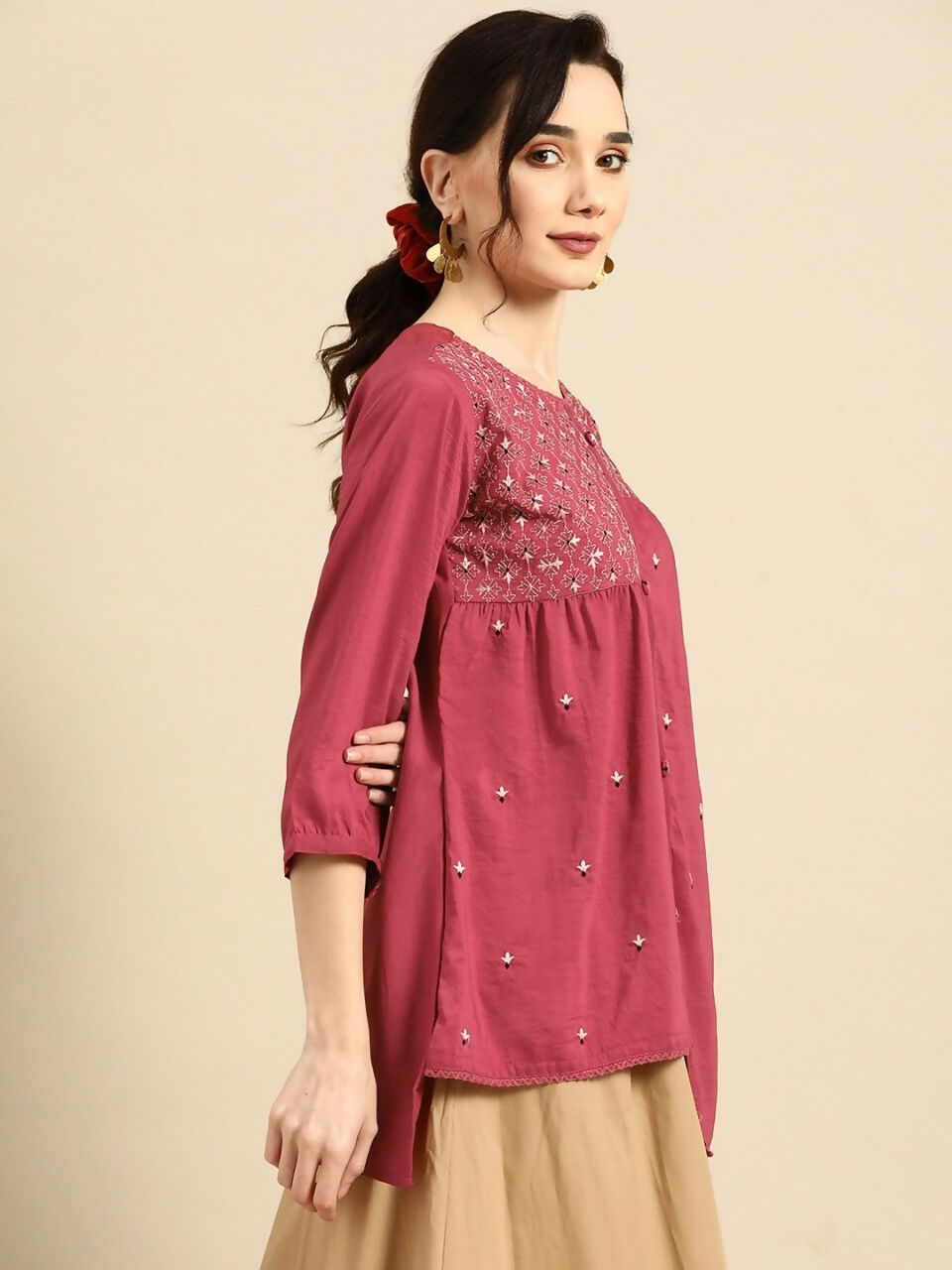 Women's Pink Viscose blend Embroidered Short Top - Marina