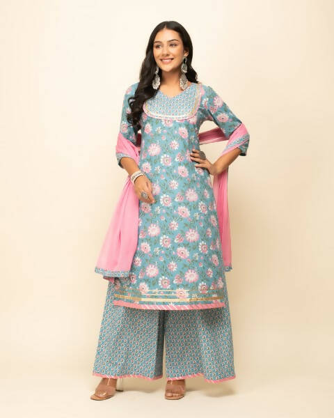 FIORRA Women's Sky Blue Cotton Straight Kurta Palazzo Set With Dupatta