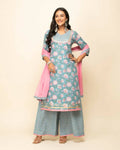 FIORRA Women's Sky Blue Cotton Straight Kurta Palazzo Set With Dupatta