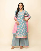 FIORRA Women's Sky Blue Cotton Straight Kurta Palazzo Set With Dupatta