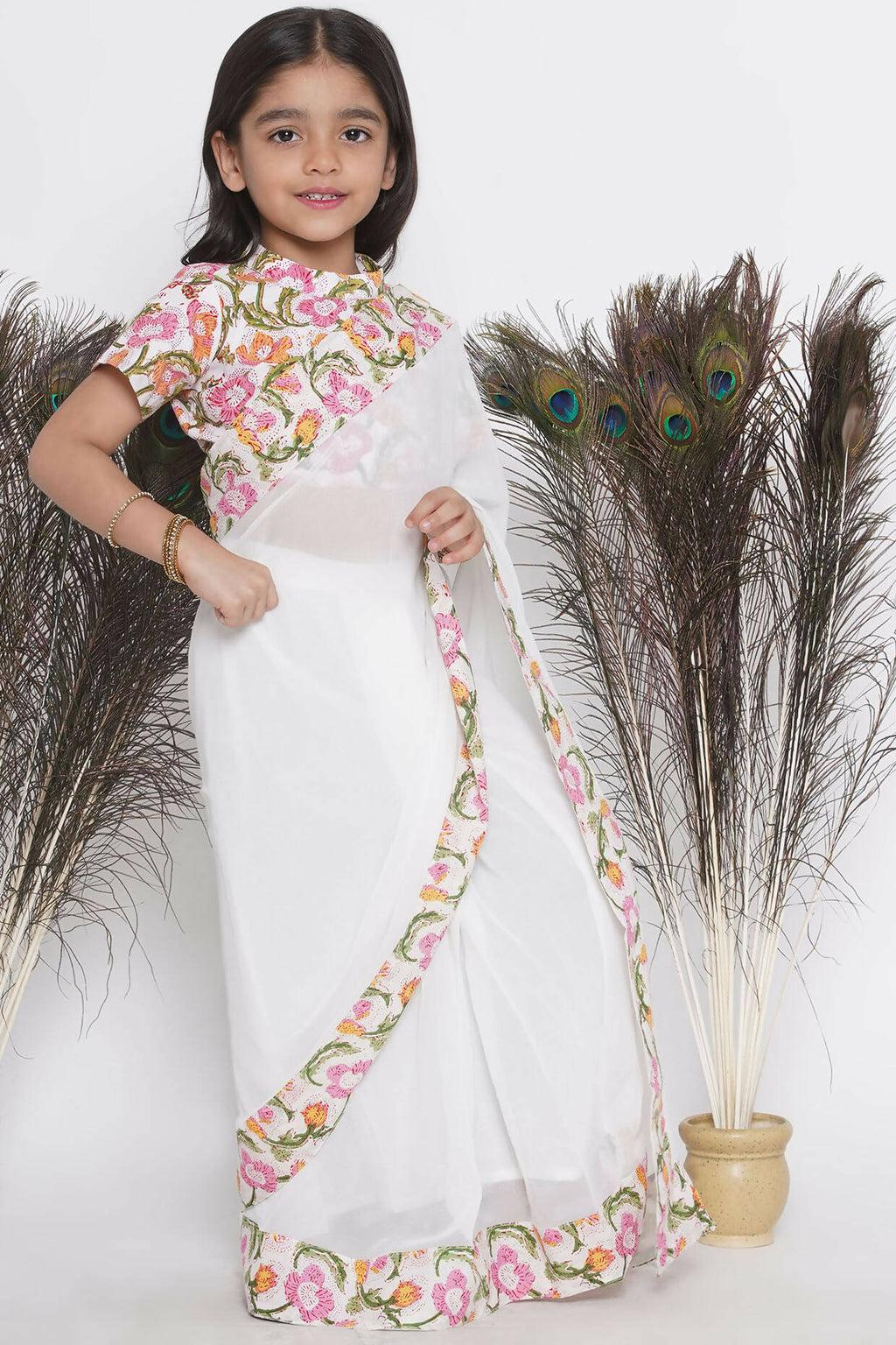 Little Bansi Floral Print Ready To Wear Saree And Floral Blouse - White