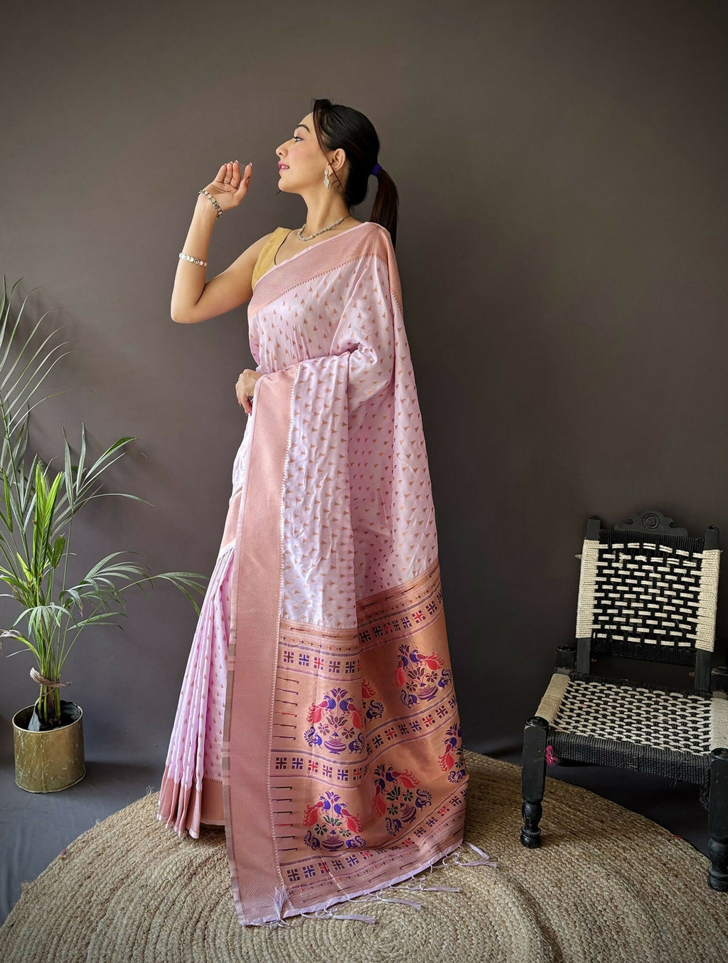 Joban Fashion Lavender Jacquard Butti Soft Lichi Silk Paithani Saree - Distacart