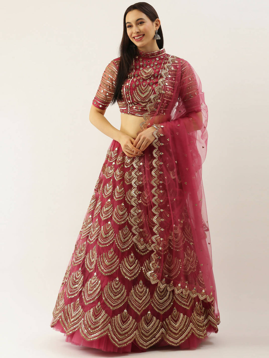 House of Panchhi Women Rosegold Net Embroidered Mirror Lehenga & Blouse with Dupatta