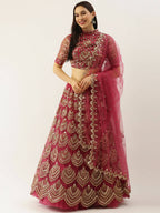 House of Panchhi Women Rosegold Net Embroidered Mirror Lehenga & Blouse with Dupatta