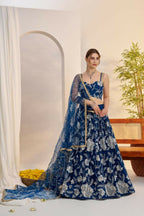 Aastha Fashion More Peach Blue Butterfly Net White Cotton Thread Work And Sequence Work Embroidery Wedding Wear Lehenga Choli