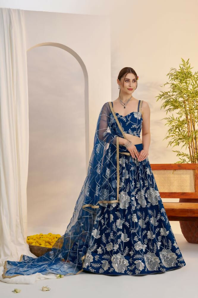 Aastha Fashion More Peach Blue Butterfly Net White Cotton Thread Work And Sequence Work Embroidery Wedding Wear Lehenga Choli