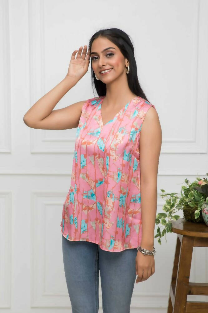 Myshka Women Multi-Abstract V-Neck No Sleeves Polyester Top - Distacart