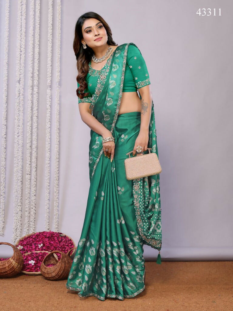 Green Gajji Silk Cord Jari Thread Stone Sequence Saree - Norita Saumya