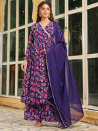 Janasya Purple Georgette Floral Kurta,Bottom & Dupatta