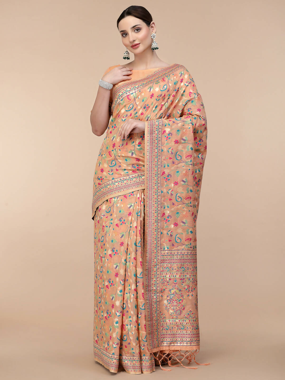 Peach Silk Blend Woven Design Saree With Unstitched Blouse Piece - Aloki