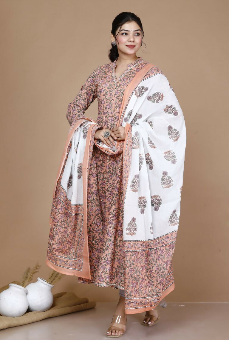 Miravan Women's Surpassing Orange Partywear Floral Printed Anarkali Kurta Dupatta 