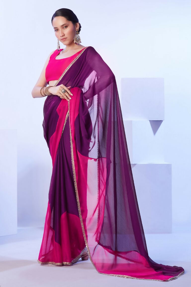 Purple Satin Moss Solid Designer & Lace Work Saree - Samaa