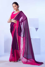 Purple Satin Moss Solid Designer & Lace Work Saree - Samaa