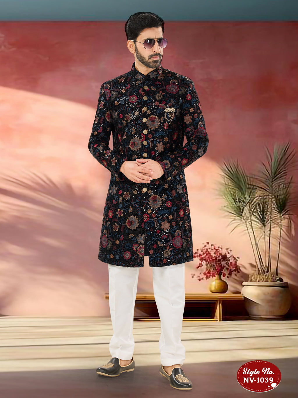Joban Fashion Men's Blue Base Multi-Colour Straight Velvet Heavy Thread And Sequence Embroidary All Over Indo-Western Kurta Set