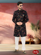 Joban Fashion Men's Blue Base Multi-Colour Straight Velvet Heavy Thread And Sequence Embroidary All Over Indo-Western Kurta Set