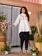 Juniper Women's White Thread Embroidered Cotton Tunic With Button Closure